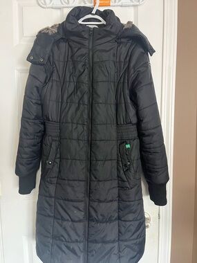 Women's Black Quilted Long Puffer Coat with Hood